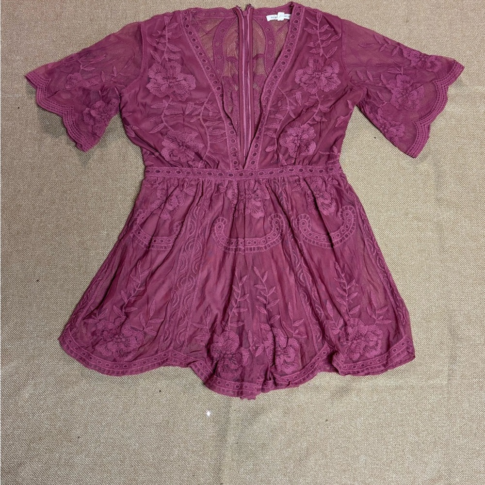 Honey Punch Lace Sheer Romper Deep V Back Zipper Scalloped Pink Sexy Feminine